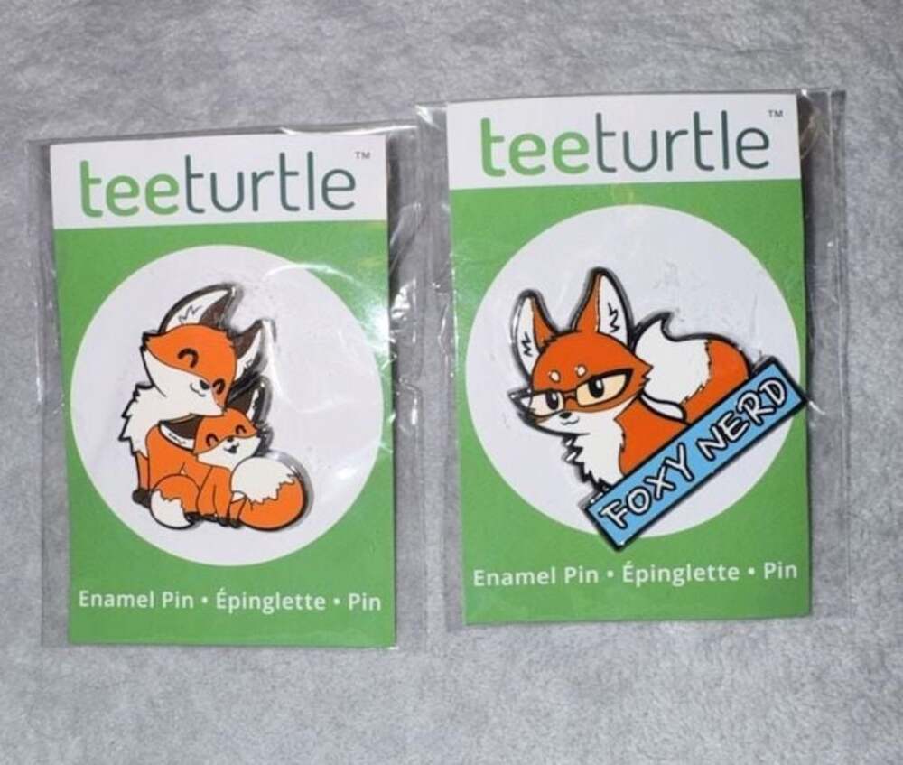 TeeTurtle Set of 2 Fox Themed Enamel Pins (Foxy Nerd and Parent/Baby Fox)